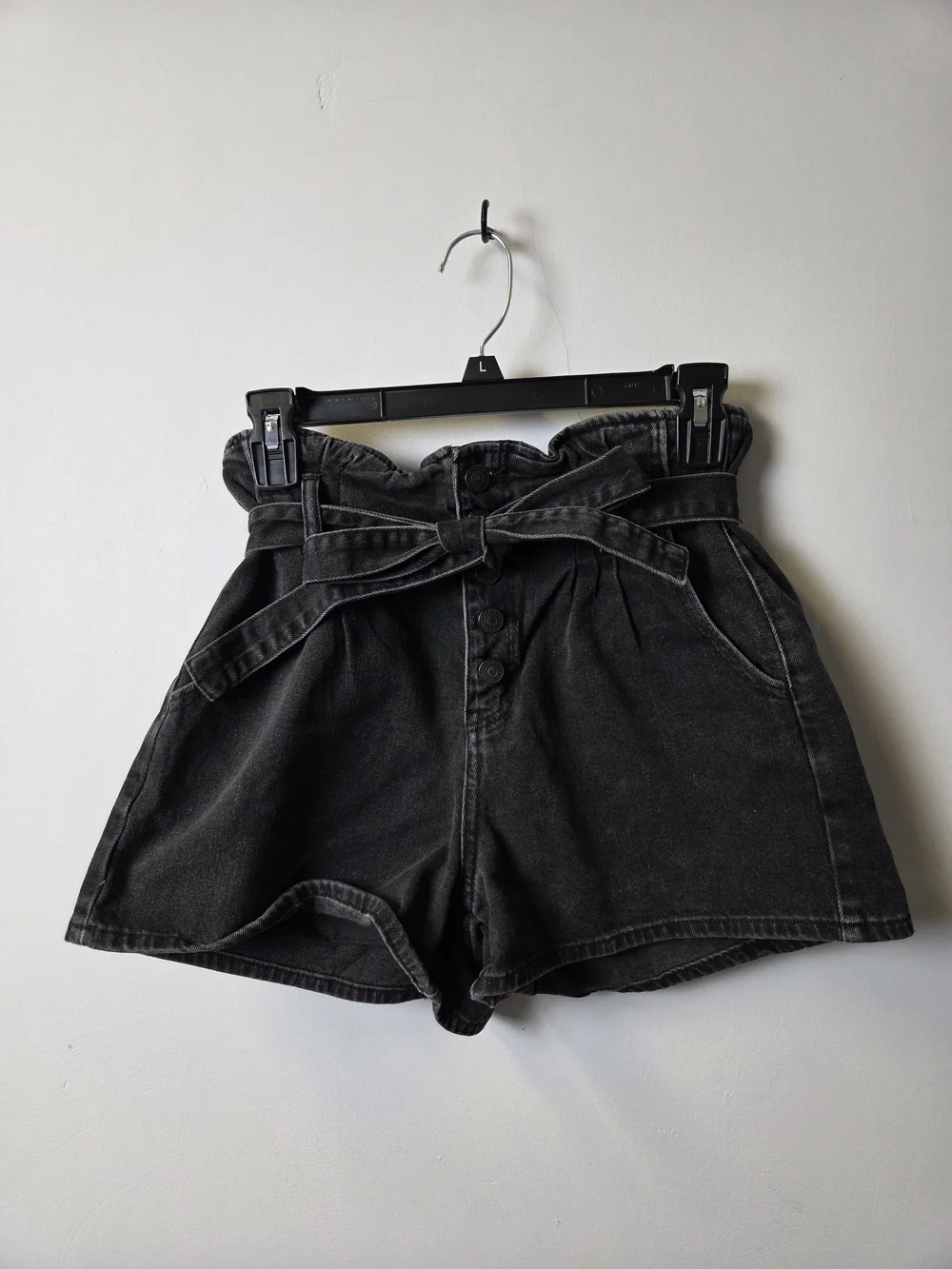 American Eagle Outfitters High-Waist Black Denim Paperbag Shorts with Tie Belt